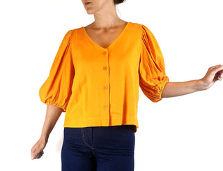 Obus yellow linen mix half sleeve top size 8 Obus preloved second hand clothes 1