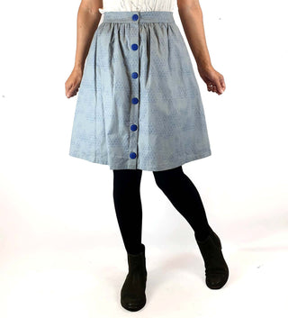 Kumo blue cotton skirt with geometric print and blue buttons size 8 Kumo preloved second hand clothes 2