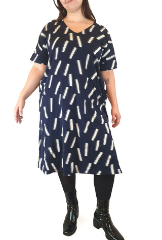 Elk navy dress with white stripe print size M/L, easily fits up to a size 16 Elk preloved second hand clothes 1