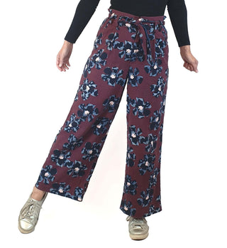 Gorman deep red cotton/linen wide leg pants with flower print size 8 Gorman preloved second hand clothes 1