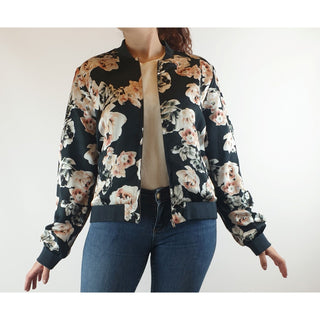 Jump black silkly feel bomber style jacket with pretty rose print size 10 Jump preloved second hand clothes 1