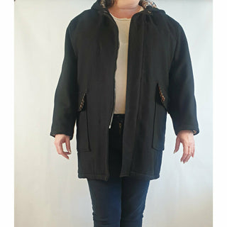 Black wool or wool mix feel coat with hood, front pockets and gingham lining - fits size 16 Unknown preloved second hand clothes 1