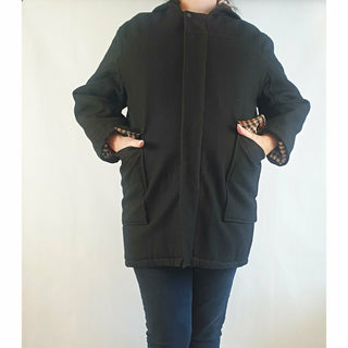 Black wool or wool mix feel coat with hood, front pockets and gingham lining - fits size 16 Unknown preloved second hand clothes 2