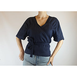 Alpha 60 pre-owned navy and black gingham print linen mix wrap top size XS (best fits size 8) Alpha 60 preloved second hand clothes 1