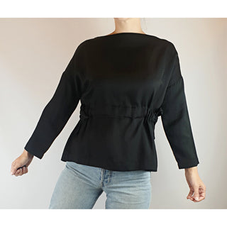 Alpha 60 pre-owned black linen mix long sleeve top with drawstring waist size XS (best fits size 8) Alpha 60 preloved second hand clothes 1