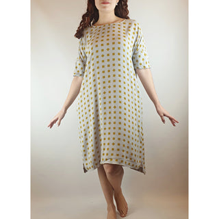 Elk grey dress with mustard square print size S (best fits size 10) Dear Little Panko preloved second hand clothes 1