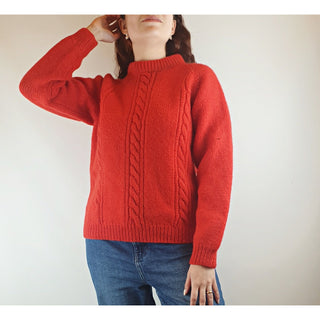 Bright red pre-owned handknit wool feel heavy weight jumper fits sizes 8-10 Handmade preloved second hand clothes 1