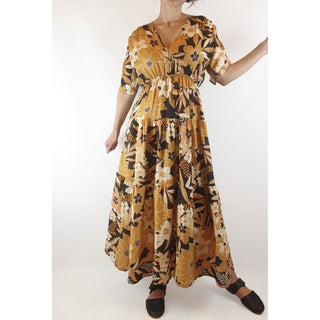 Aere second hand vintage-inspired brown, orange and mustard floral print dress size 6 (best fits size 8) Aere preloved second hand clothes 1