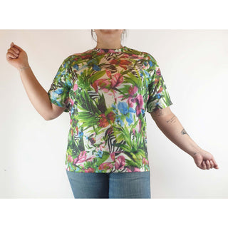 Green and pink pre-owned floral tee shirt size L (best fits size 14) Unknown preloved second hand clothes 1