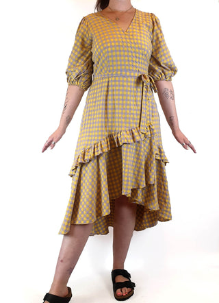 Obus yellow and purple gingham wrap dress size 3 / AU 12 Obus preloved second hand clothes 1