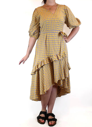 Obus yellow and purple gingham wrap dress size 3 / AU 12 Obus preloved second hand clothes 3