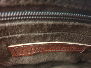 Little Traveller brown leather clutch with front fabric detail Little Traveller preloved second hand clothes 6