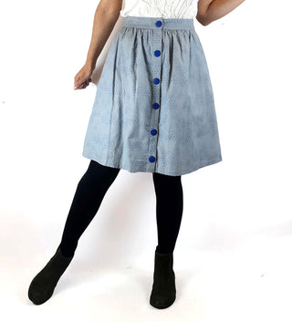 Kumo blue cotton skirt with geometric print and blue buttons size 8 Kumo preloved second hand clothes 3