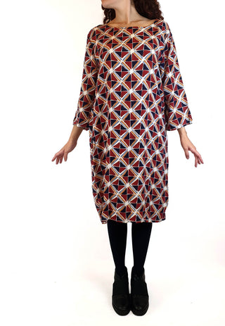 Elm red and blue-dominant unique print long sleeve dress size 10 Elm preloved second hand clothes 3
