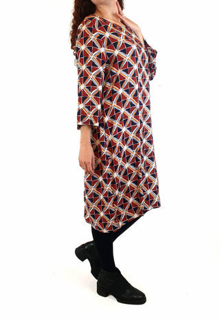 Elm red and blue-dominant unique print long sleeve dress size 10 Elm preloved second hand clothes 5