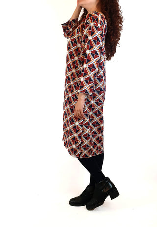 Elm red and blue-dominant unique print long sleeve dress size 10 Elm preloved second hand clothes 6
