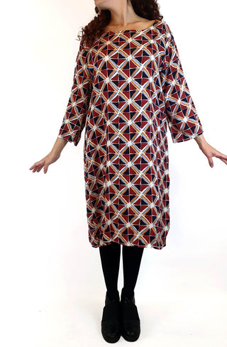 Elm red and blue-dominant unique print long sleeve dress size 10 Elm preloved second hand clothes 1