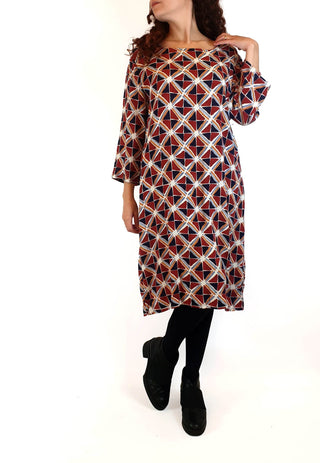 Elm red and blue-dominant unique print long sleeve dress size 10 Elm preloved second hand clothes 4