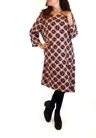 Elm red and blue-dominant unique print long sleeve dress size 10 Elm preloved second hand clothes 2