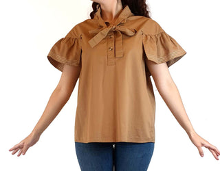 Farrow tan 100% cotton top with contrasting stitching size S Farrow preloved second hand clothes 1