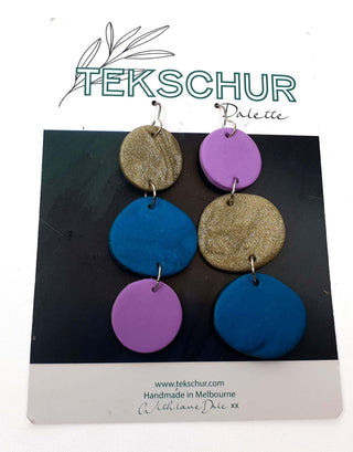 Tekschur colourful purple, gold and blue drop earrings Tekschur preloved second hand clothes 3