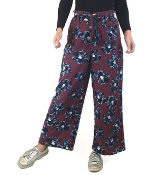 Gorman deep red cotton/linen wide leg pants with flower print size 8 Gorman preloved second hand clothes 3