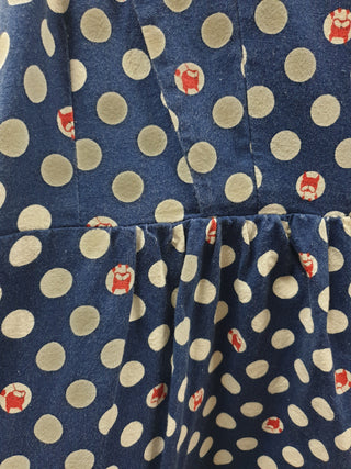 Made590 sleeveless blue and white polka dot dress with dog faces size M (best fits 10) Made590 preloved second hand clothes 10