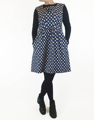 Made590 sleeveless blue and white polka dot dress with dog faces size M (best fits 10) Made590 preloved second hand clothes 1