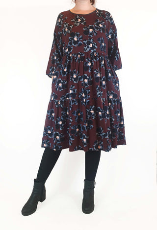 Gorman deep red flower print long sleeve dress size 12 Gorman preloved second hand clothes 1