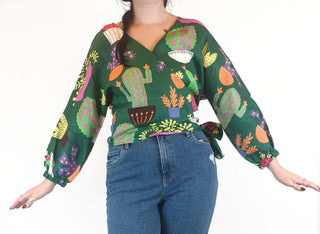 Jericho Road cropped green "crazy cactus" print wrap top size 12 Jericho Road preloved second hand clothes 4