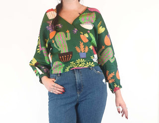 Jericho Road cropped green "crazy cactus" print wrap top size 12 Jericho Road preloved second hand clothes 2