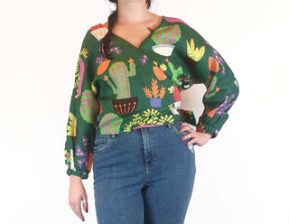 Jericho Road cropped green "crazy cactus" print wrap top size 12 Jericho Road preloved second hand clothes 3