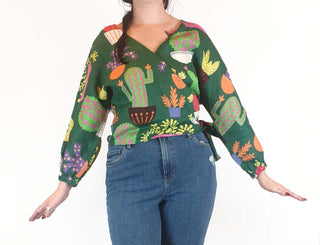 Jericho Road cropped green "crazy cactus" print wrap top size 12 Jericho Road preloved second hand clothes 1