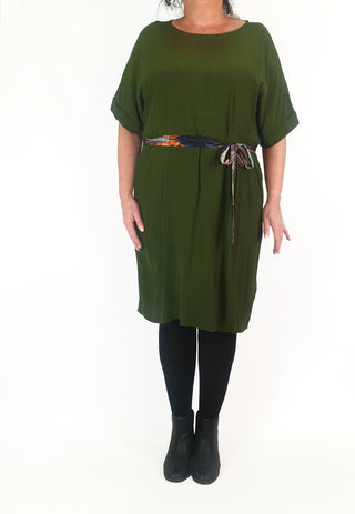 Elk green dress with contrasting waist tie size 16