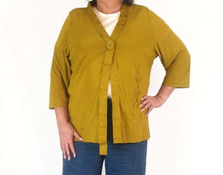 Mustard cardigan with front button and ribbon detail size L (best fits 16)