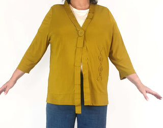 Mustard cardigan with front button and ribbon detail size L (best fits 16)