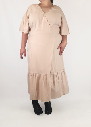 Pink linen mix wrap style dress fits size 16-18