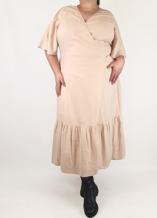 Pink linen mix wrap style dress fits size 16-18