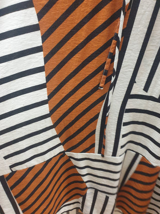 Elk brown, white and black striped long sleeve dress size 8 (note: pull at back)