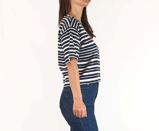 Marimekko + Uniqlo blue and white striped top size XXS (large fit, fits 6 - 8) Uniqlo preloved second hand clothes 6