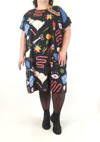 Handmade black colourful print dress fits size (approx 3XL)