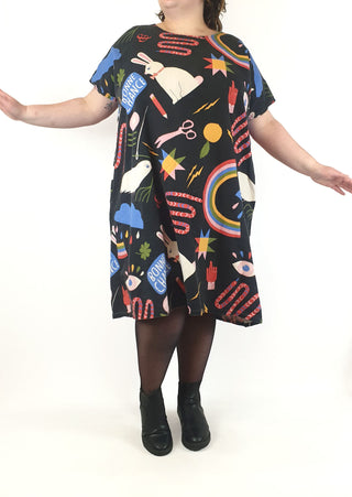 Handmade black colourful print dress fits size (approx 3XL)