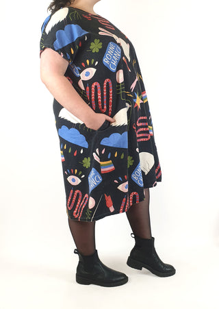 Handmade black colourful print dress fits size (approx 3XL)