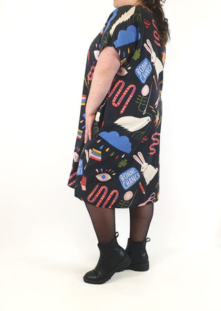 Handmade black colourful print dress fits size (approx 3XL)