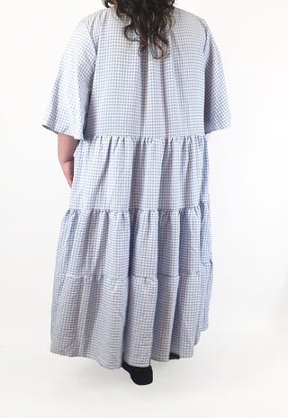 Little Party Dress blue and white check print maxi dress size 26