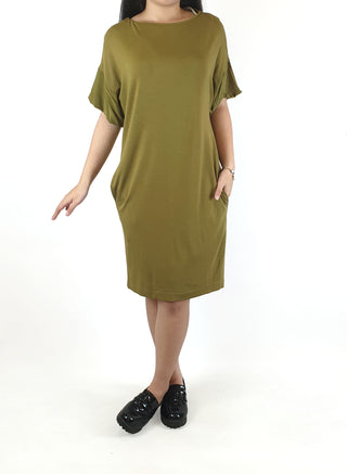 Cos olive green tee shirt style dress with 100% silk sleeves size XS (best fits size 6)