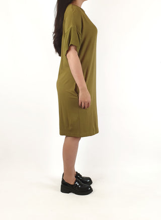 Cos olive green tee shirt style dress with 100% silk sleeves size XS (best fits size 6)