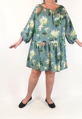 Blue floral oversize long sleeve floaty dress size L, best fits 16-18