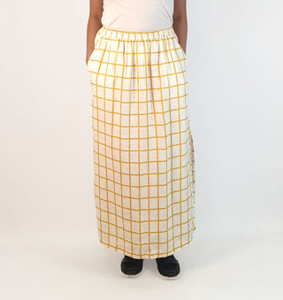 Elk white and mustard check print French linen skirt size 10