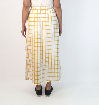 Elk white and mustard check print French linen skirt size 10